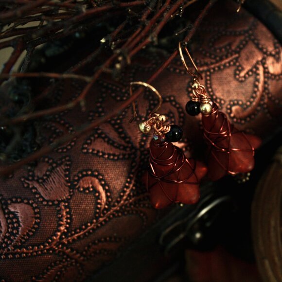 Copper Wire Red Christmas Holiday Earrings - Picture 3 of 5